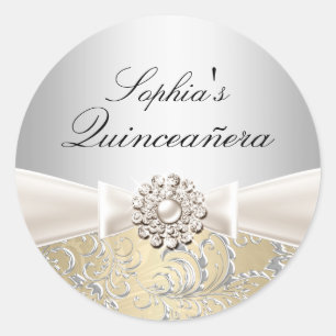 Silberner Wirbel & Juwelen-Schleife Quinceanera-Au Runder Aufkleber