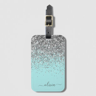 Silbernes Aqua Türkis Blau Mädchen Glitter Monogra Gepäckanhänger