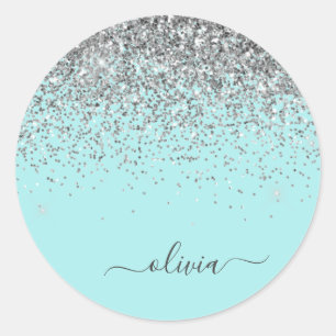 Silbernes Aqua Türkis Blau Mädchen Glitter Monogra Runder Aufkleber