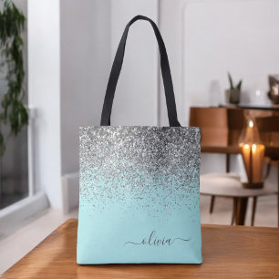 Silbernes Aqua Türkis Blau Mädchen Glitter Monogra Tasche