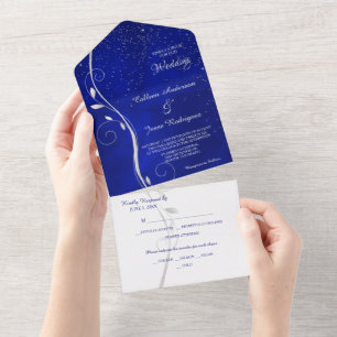 Silbernes Blattwirbel Blaues Fotovorlage Hochzeit All In One Einladung