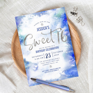 Silbernes Blau Aquarell Sweet 16 Geburtstag Modern Einladung
