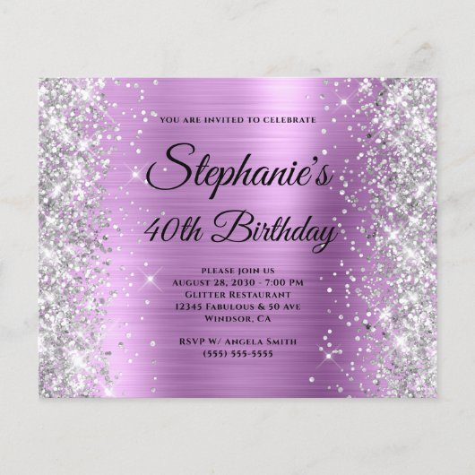 Silbernes Blumenlavendel-Glamour-Monogramm 40. Geb Flyer (Vorne)