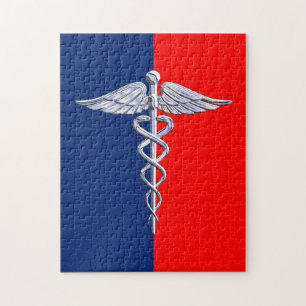 Silbernes-Caduceus-Medizin-Symbol-Liga Puzzle
