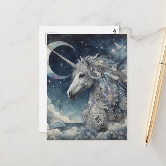 Silbernes Einhorn-Collage mit Mond Postkarte (Vorderseite/Rückseite Beispiel)