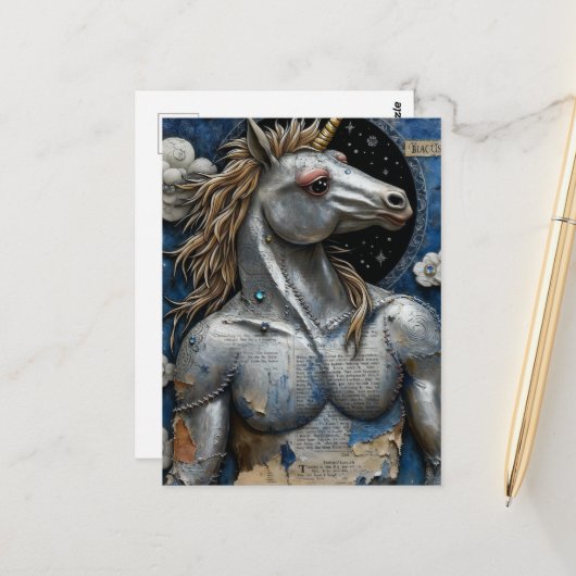 Silbernes Einhorn mit Muskel-Collage Postkarte (Vorderseite/Rückseite Beispiel)