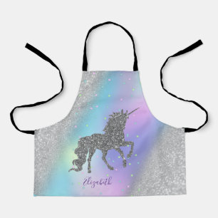 Silbernes Einhorn, Sterne, Silbernes Bokeh Hologra Schürze