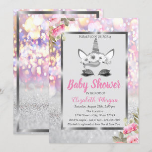 Silbernes Glitter Einhorn , Florale Boho Babyparty Einladung