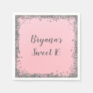 Silbernes Glitter Glam Edge Sweet 16 Benutzerdefin Serviette