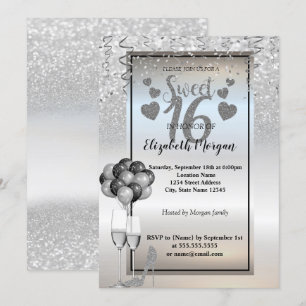 Silbernes Glitter, Glas, Ballons Sweet 16 Party Einladung