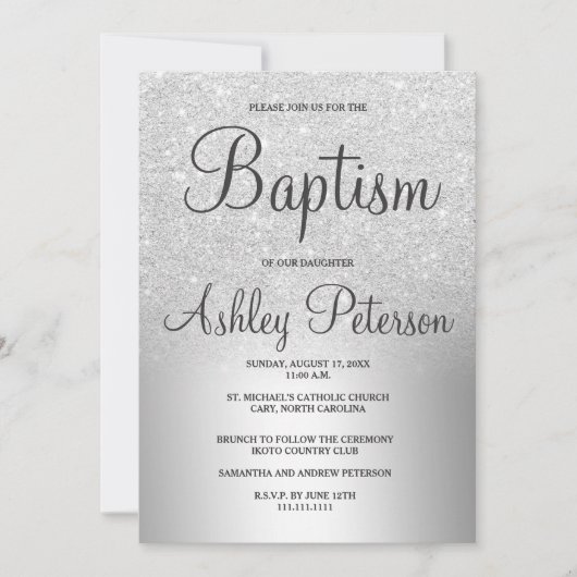 Silbernes Glitter ombre metallische Folientaufe Einladung (Vorderseite)