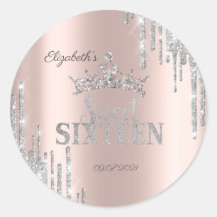 Silbernes Glitter-Tropfen-Diadem Roségold Sweet 16 Runder Aufkleber
