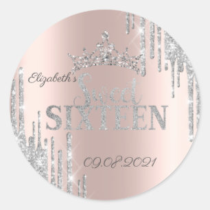 Silbernes Glitter-Tropfen-Diadem Roségold Sweet 16 Runder Aufkleber