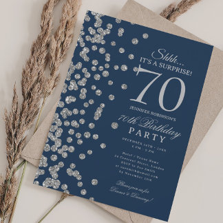 Silbernes Glitter-Überraschung 70. Geburtstag Navy Einladung