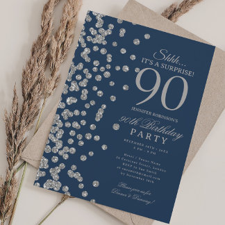 Silbernes Glitter-Überraschung 90. Geburtstag Navy Einladung