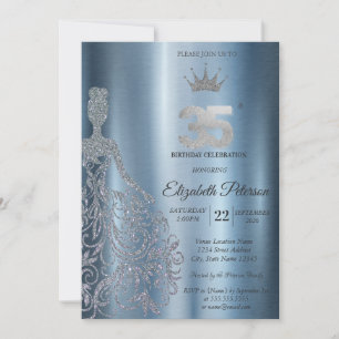 Silbernes Glitterkleid, Diamanten Blau 35. Geburts Einladung