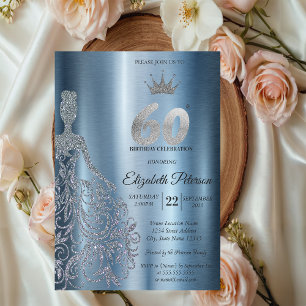 Silbernes Glitterkleid, Diamanten Blau 60. Geburts Einladung