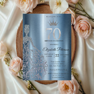 Silbernes Glitterkleid, Diamanten Blau 70. Geburts Einladung