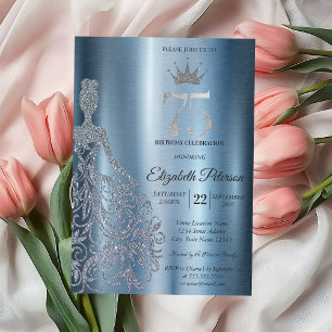 Silbernes Glitterkleid, Diamanten Blau 75. Geburts Einladung