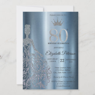 Silbernes Glitterkleid, Diamanten Blau 80. Geburts Einladung