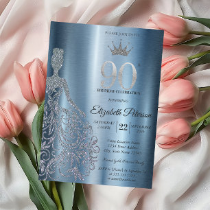 Silbernes Glitterkleid, Diamanten Blau 90. Geburts Einladung