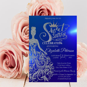 Silbernes Glitzerkleid, Tiara, Diamanten Blau Einladung