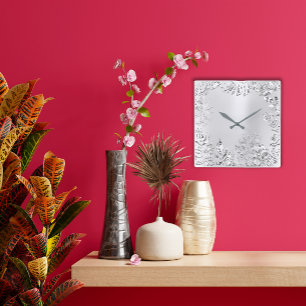 Silbernes Grau-Blumenpalme Monochrom metallischer Quadratische Wanduhr