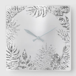 Silbernes Grau-Blumenpalme Monochrom metallischer Quadratische Wanduhr