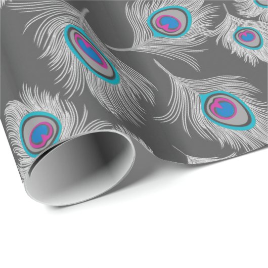 Silbernes Grau/grauer Pfau versieht auf Graphit Geschenkpapier (Rolleneckpunkt)