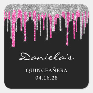 Silbernes Heißrosa Glittertropfen Schwarze Quincea Quadratischer Aufkleber
