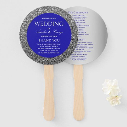 Silbernes Hochzeitsprogramm in Blau Fächer (Vorne und Hinten)