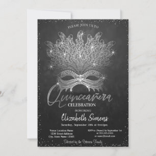 Silbernes Konfetti-Maskenbild Dark Quinceañera  Einladung