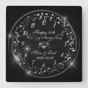 Silbernes Konfetti, schwarzes 50. Hochzeitstag-Jub Quadratische Wanduhr