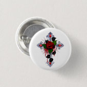 Silbernes Kreuz mit einer roten Rose Button (Vorne & Hinten)