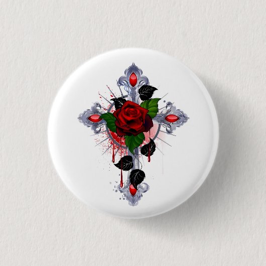Silbernes Kreuz mit einer roten Rose Button (Vorderseite)