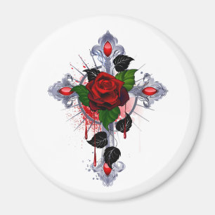 Silbernes Kreuz mit einer roten Rose Magnet