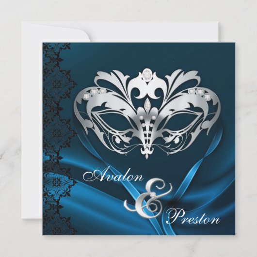 Silbernes Maskerade-Blau Jeweled Wedding Einladung (Vorderseite)