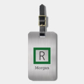 Silbernes Metall, Geschäft, Name & Monogramm, grün Gepäckanhänger (Vorderseite vertikal)
