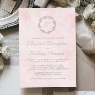Silbernes Monogramm-Kranz-Script-Rosa-Hochzeit Folieneinladung