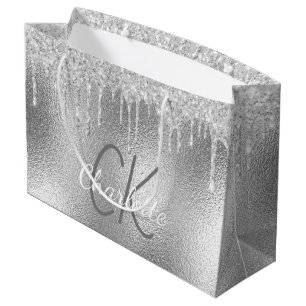 Silbernes Monogramm Name modern elegant Große Geschenktüte