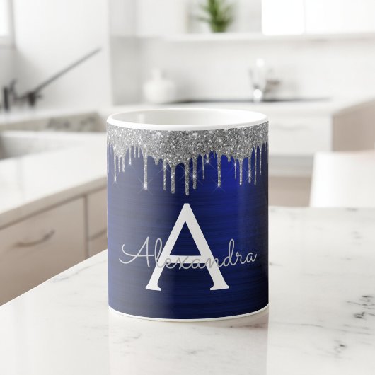 Silbernes Navy Blau Glitter Funkeln Monogramm Name Kaffeetasse
