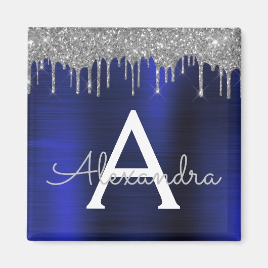 Silbernes Navy Blau Glitter Gebürstetes Metall Mon Magnet (Vorne)