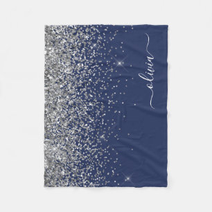 Silbernes Navy Blau Glitter Girly Monogramm Name Fleecedecke
