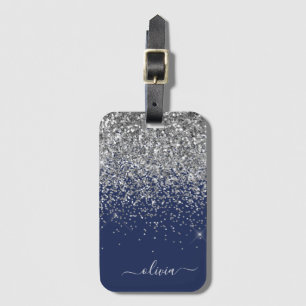 Silbernes Navy Blau Glitter Girly Monogramm Name Gepäckanhänger