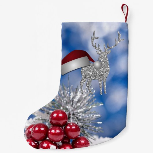 Silbernes Ren-Weihnachtsmannmütze-Blau Bokeh Kleiner Weihnachtsstrumpf (Rückseite)