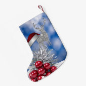 Silbernes Ren-Weihnachtsmannmütze-Blau Bokeh Kleiner Weihnachtsstrumpf (Rückseite (Hängend))