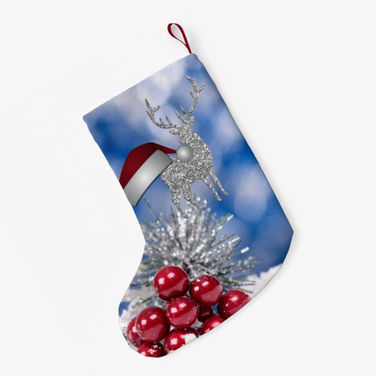 Silbernes Ren-Weihnachtsmannmütze-Blau Bokeh Kleiner Weihnachtsstrumpf (Rückseite (Hängend))