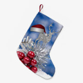 Silbernes Ren-Weihnachtsmannmütze-Blau Bokeh Kleiner Weihnachtsstrumpf (Vorderansicht (hängend))