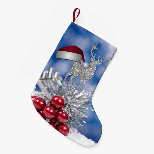 Silbernes Ren-Weihnachtsmannmütze-Blau Bokeh Kleiner Weihnachtsstrumpf (Vorderansicht (hängend))