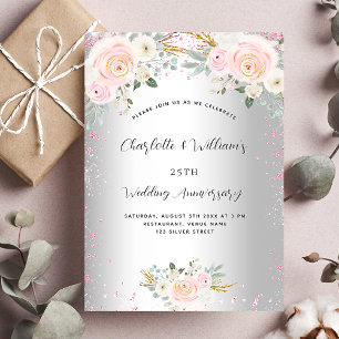 Silbernes rosa Blumendesign zum 25. Hochzeitstag L Einladung